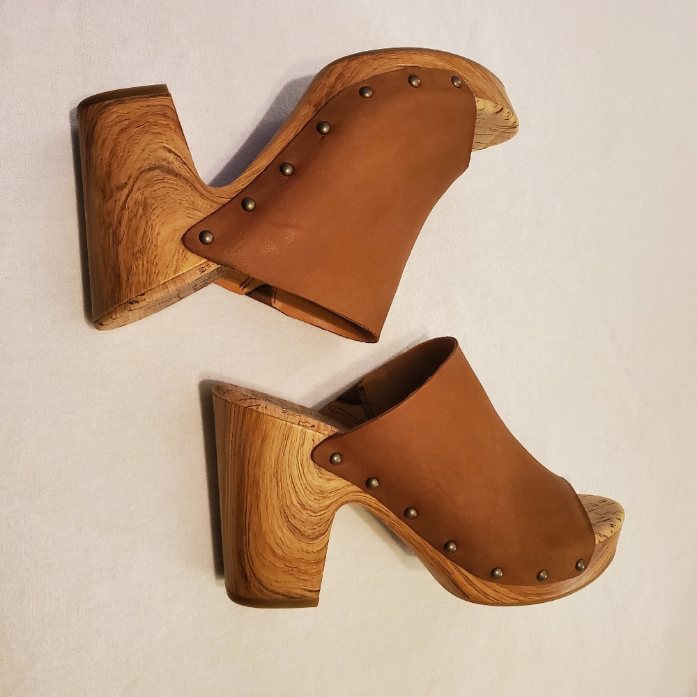 KORK-EASE Danika Wood Grain Cork Cognac Leather Platform Slide-On Sandals SZ 11 - Picture 3 of 11